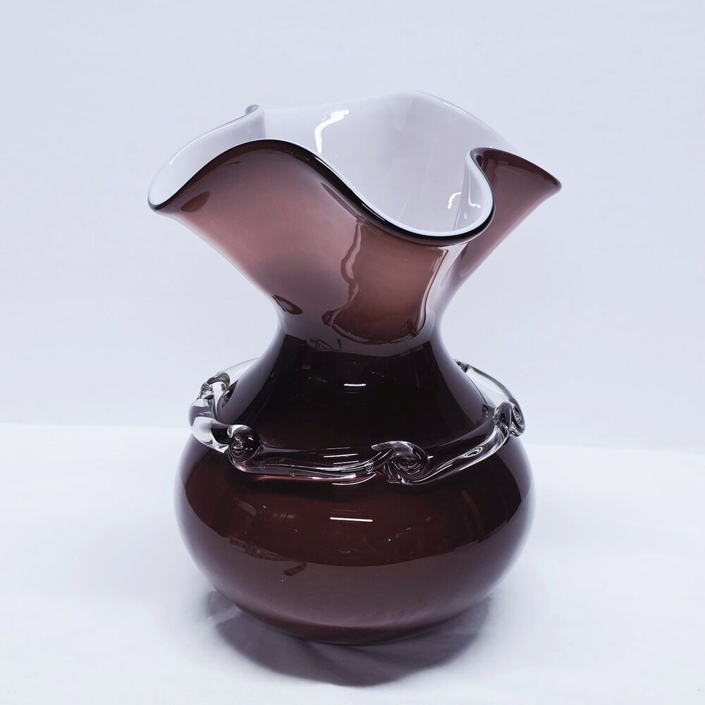 Vintage Mauve Art Glass Bulbous Ruffled Top VaseMCM Hand Blown